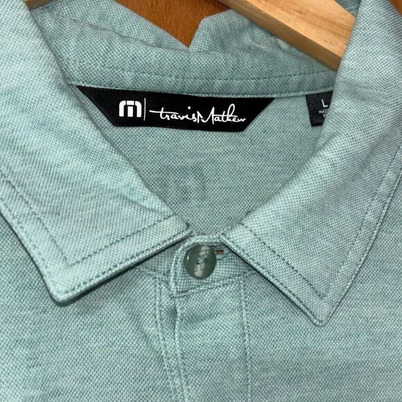 Travis Mathew Oh Snap Polo Shirt Mens Large L Heather Beryl Green Striped Casual - Picture 7 of 10